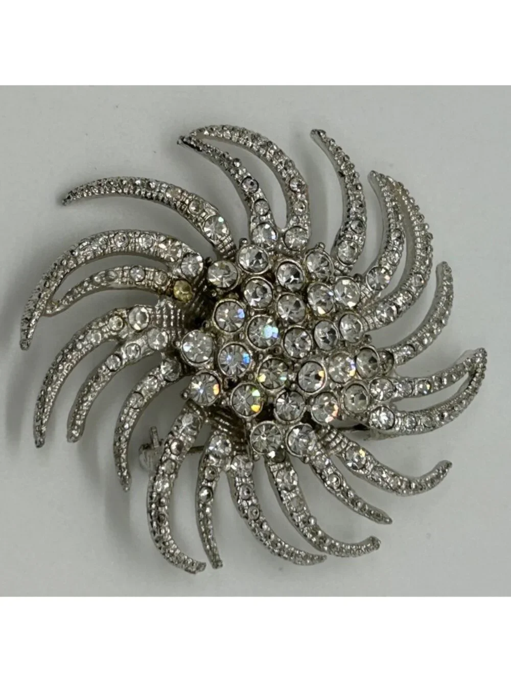 Vintage Silvertone Brooch Sunburst Starburst Swirl Rhinestone Retro Mid-Century